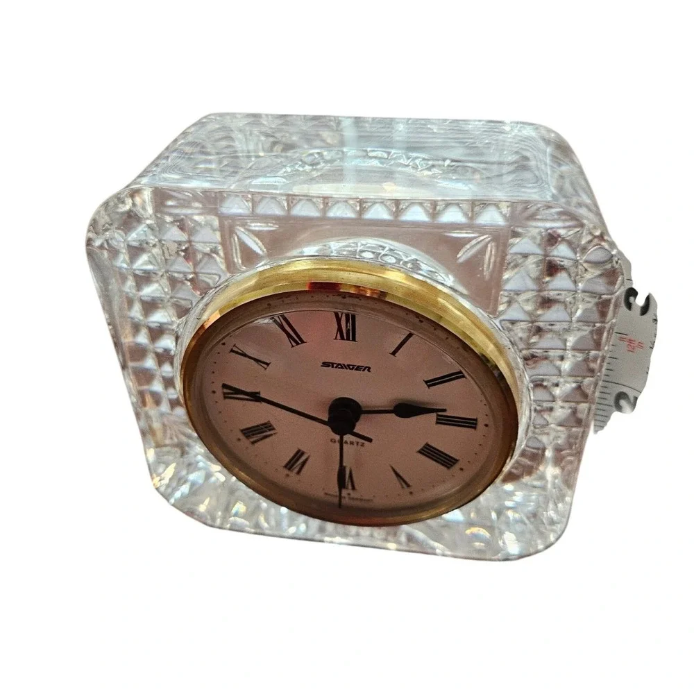 Staiger Quartz Desk Clock Lead Crystal West Germany Roman Numeral Gold Tone Trim